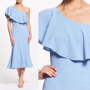Dress The Population • Raquel Dress one shoulder Ice Blue ruffle flounce trumpet